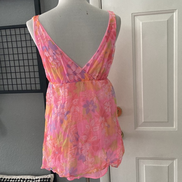 Vintage 60s Retro Floral Nylon Babydoll Top Side Vents M - Picture 3 of 6